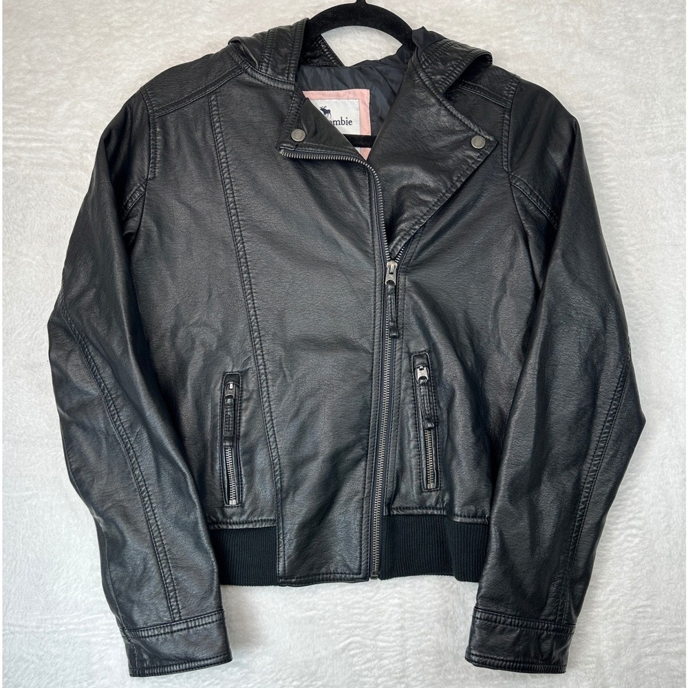 Abercrombie Kids Faux Leather Hooded Moto Jacket Girls 15/16 Black Zip Up